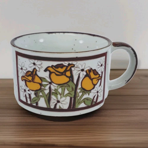 VTG Otagiri Style Coffee/Latte Mug - Stoneware - Floral Roses - Speckled - EUC