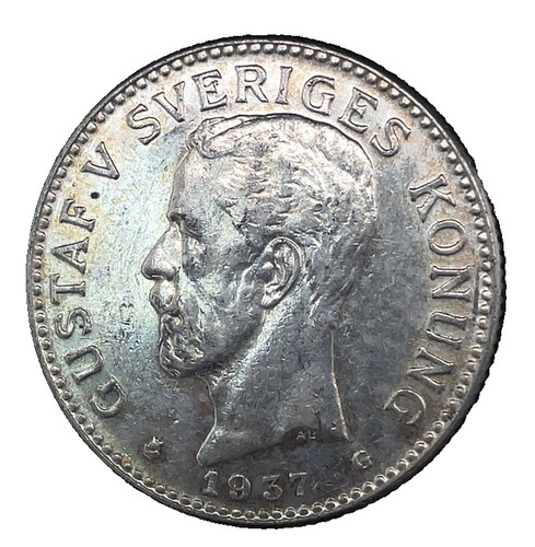 1937 G Sweden Proof 2 Kronor Gustaf V BU-Unc .800 Silver Coin KM# 787 Proof Key