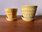 2 Vtg McCoy Flower Planter Chartreuse Green BEADED Yellow Weave