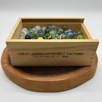 Great American Marble Factory Wooden Box & 158 Glass Marbles Vintage Toy