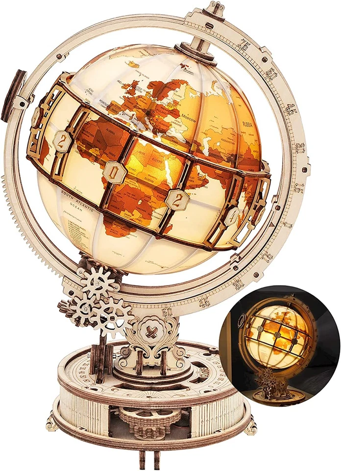 ROKR DIY 3D Wooden Puzzles LED Illuminated Globe Model Home Decor Teen Xmas Gift - Image 4 of 4