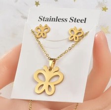 Set Gold Plated Stainless Steel Jewelry Necklace Heart Pendant Earrings Set