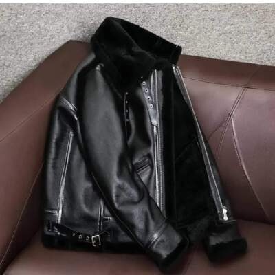 Men Black Punk Fur Jacket, Men Black Sheep Leather Bomber Jacket