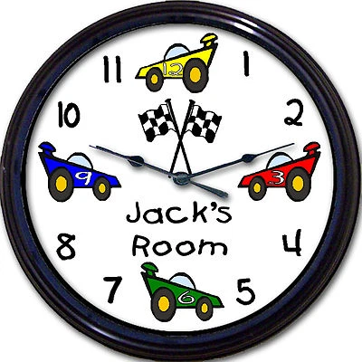FUN AROUND THE CLOCK Race Car Custom Personalized Wall Clock Child Transportation NASCAR Bedroom New