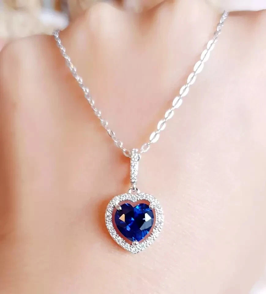 2.00Ct Heart Cut Natural Blue Sapphire Halo Pendant 10k solid White Gold - Image 3 of 4