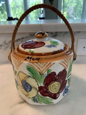Vintage Biscuit/Cookie Jar Japan Wicker Handle Floral Flowers