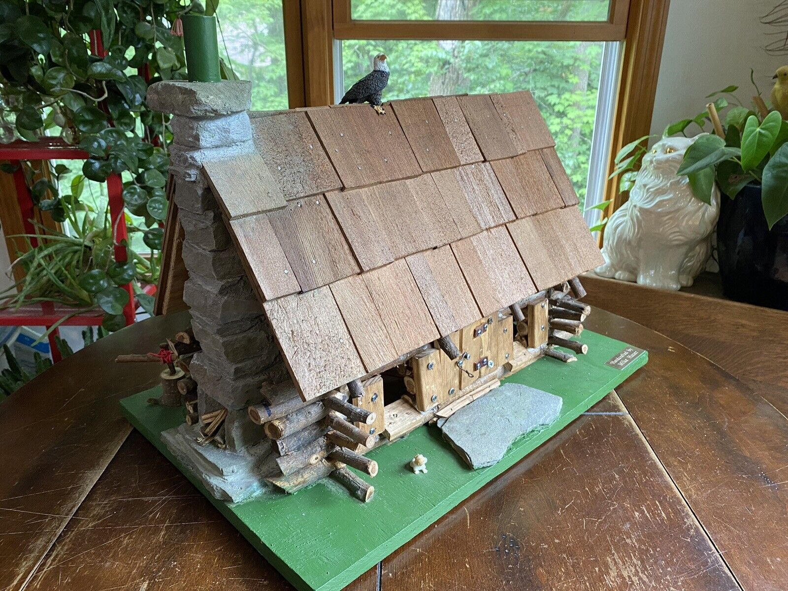 Vintage Hand Made Folk Art Wood Log Cabin Birdhouse Model Diorama Natural Stone