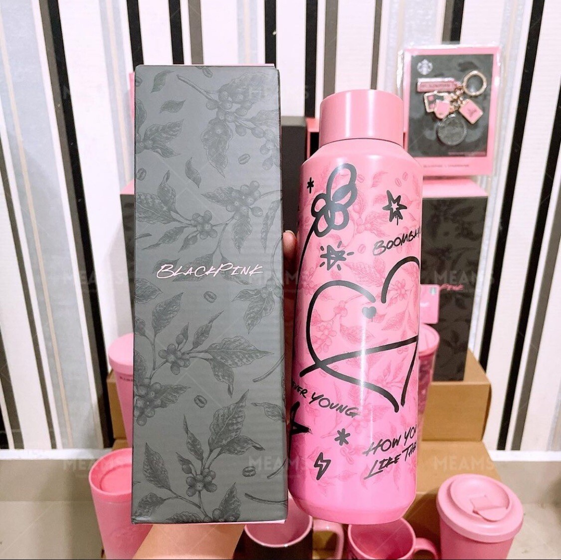 Blackpink Starbucks Pink Doodles Stainless Steel Water Bottle 20oz