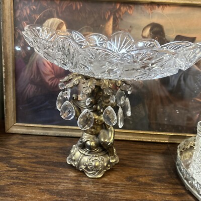 LARGE oval Vintage Hollywood Regency Bolted Glass Brass Cherub Candy Bowl