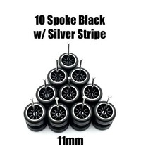 5x Set Black Silver Stripe 10 Spoke Real Rider Wheel W/ Rubber Tire 1/64 Scale