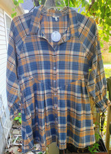 NWT EN CREME Women's Plaid Mini Dress Size L Plaid Flannel Fit & Flare V Tunic