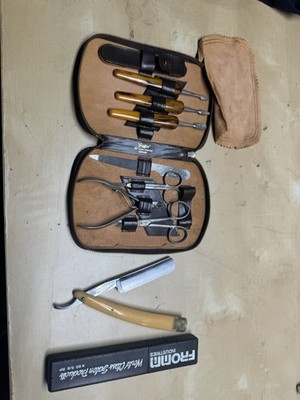 Vintage German Men s Grooming Kit Straight Razor Manicure Set Top Grain Cowhide