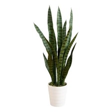 Nearly Natural 3ft UV Resistant Sansevieria Plant in White Planter in Green
