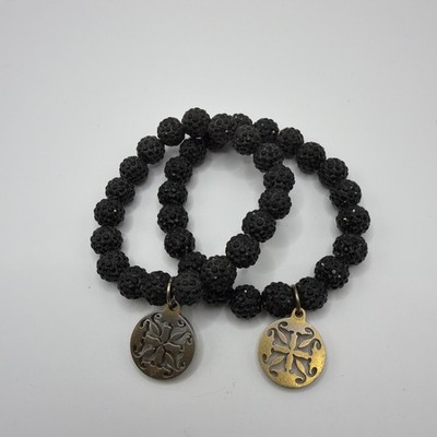 2-Rustic Cuff Black Emerson Stretch Bracelet Sparkly Beads Golden Logo Charm