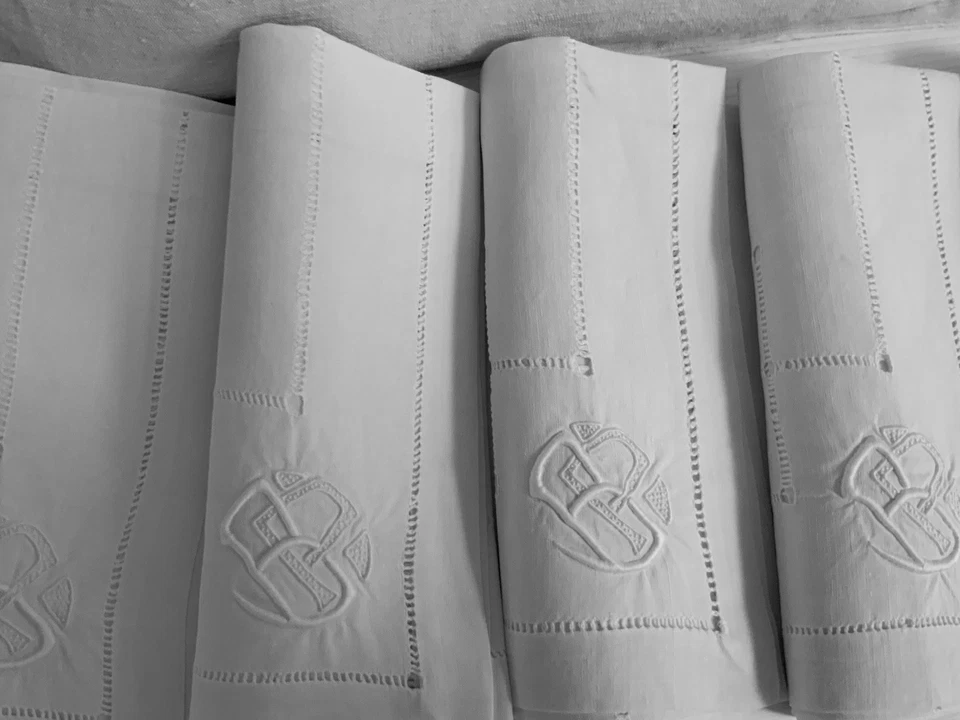 Linge Ancien 6 Serviettes En Lin Brodé  Point Jour Monogramme Entrelacés BP - Photo 2/4