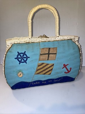 Saks Fifth Avenue Wicker White Handbag Purse w/  take me in tow  sailboat theme
