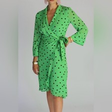 Ganni Dainty Georgette Green Polka Dot Wrap Midi Dress Viscose Lined Sz 36 / 4US