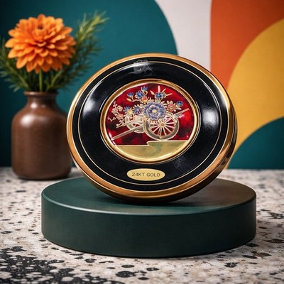 Chokin Art 24KT Gold Gilded Vintage Japanese Plate Floral Cart Black 6 Inch