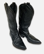 Vintage Tony Lama Black Leather Cowboy Western Boots Size 6M Pointed-toe