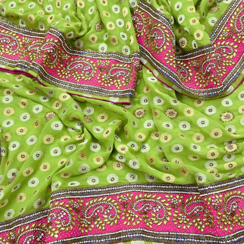 India Vintage Verde Pesado Novia Dupatta Pura Georgette Seda Bordada a Mano Foto 2 de 4