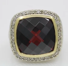 David Yurman Sterling Silver & 18K Yellow Gold Garnet & Diamond Halo Albion Ring