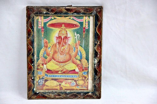 Impresión litográfica vintage de Lord Ganesha con elegante marco de madera pintado coleccionable - Imagen 15 de 18