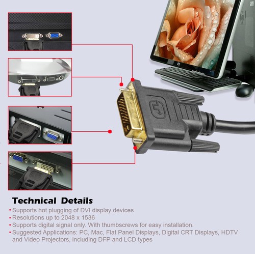 DVI DVI-D Dual Link 24+1 Male to Male Cable Adapter Gold Plated with Ferrites - Picture 7 of 21