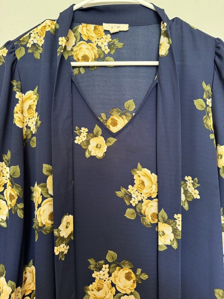 E & M Floral Polyester Blouse, Navy Blue With Yellow Flowers, 3/4
