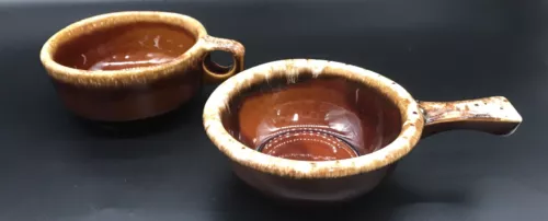 2 Vintage Hull Pottery Oven Proof USA Brown Drip Soup Bowls Handled & Open Grip