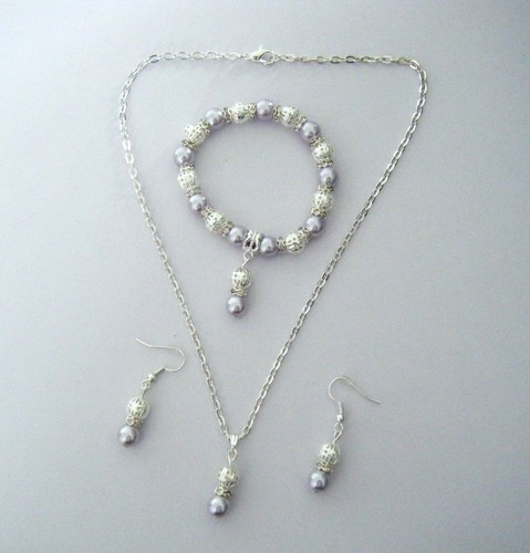 PEARL NECKLACE EARRING & BRACELET SET IDEAL BRIDESMAID FLOWER GIRL 10 COLOURS - Picture 15 of 26