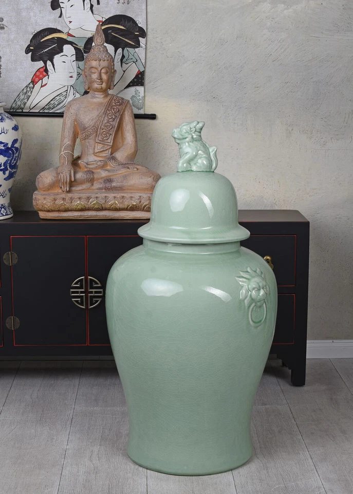 Prunkgefäss Porzellanvase Chinoiserie Deckelvase XXL Löwenköpfe Keramik Amphore - Bild 2 von 4