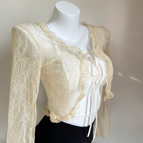 Women Lace Shirt Lace Up Cardigan Sweet Capelet Sheer Cropped Top Cover Ups - Picture 5 of 13