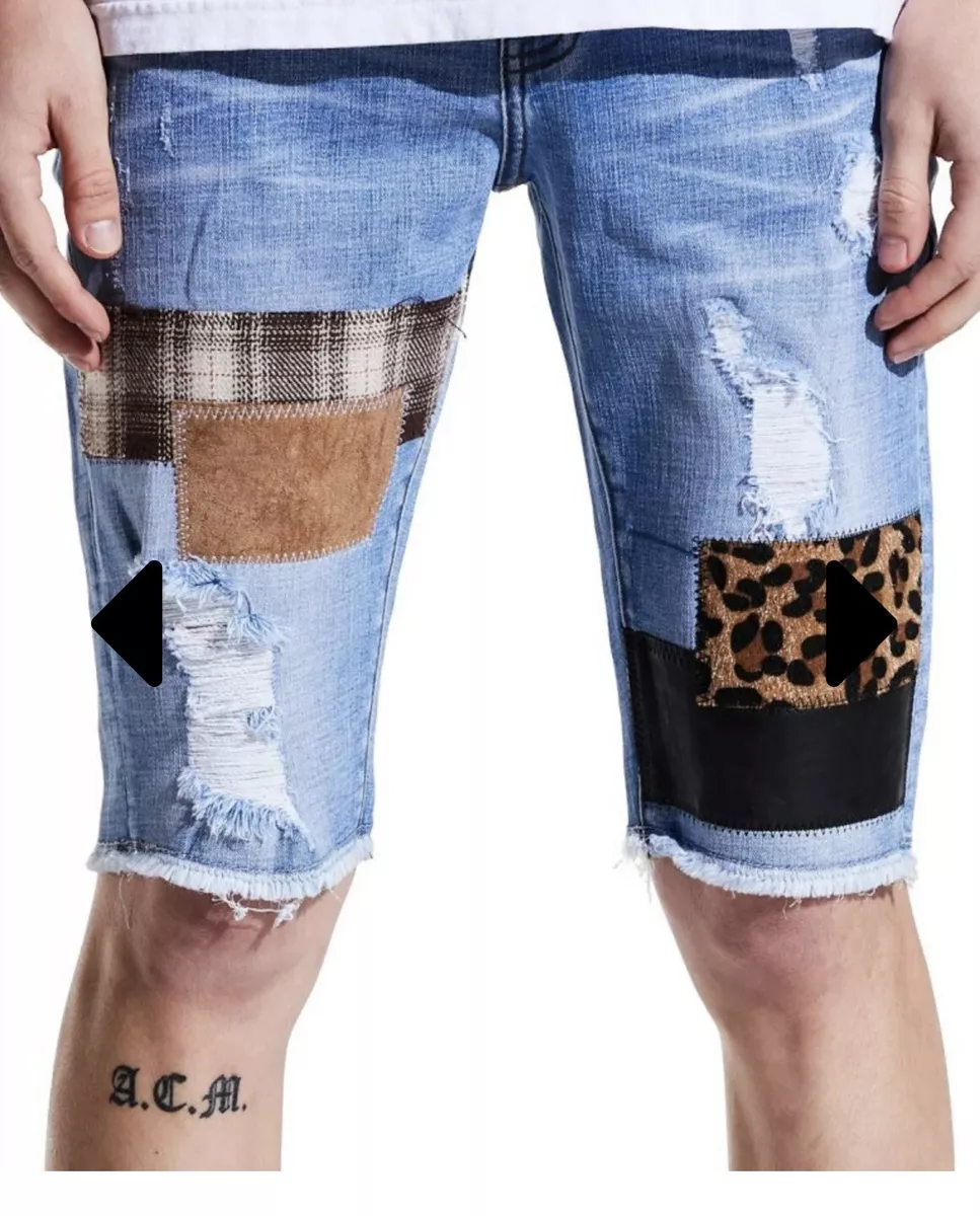 Crysp denim shorts with unique patches and rips size 32 eBay