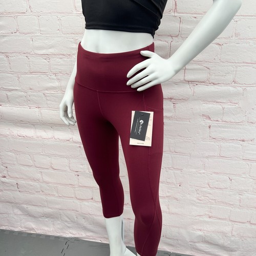 LifeSky Yoga Pants 2 Pocket High Waisted Tummy Control Burgundy Capri Leggings - Picture 13 of 26