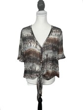 Fire Los Angeles Boho Blouse Size L Brown Gray V Neck Sheer Tie Front Cropped