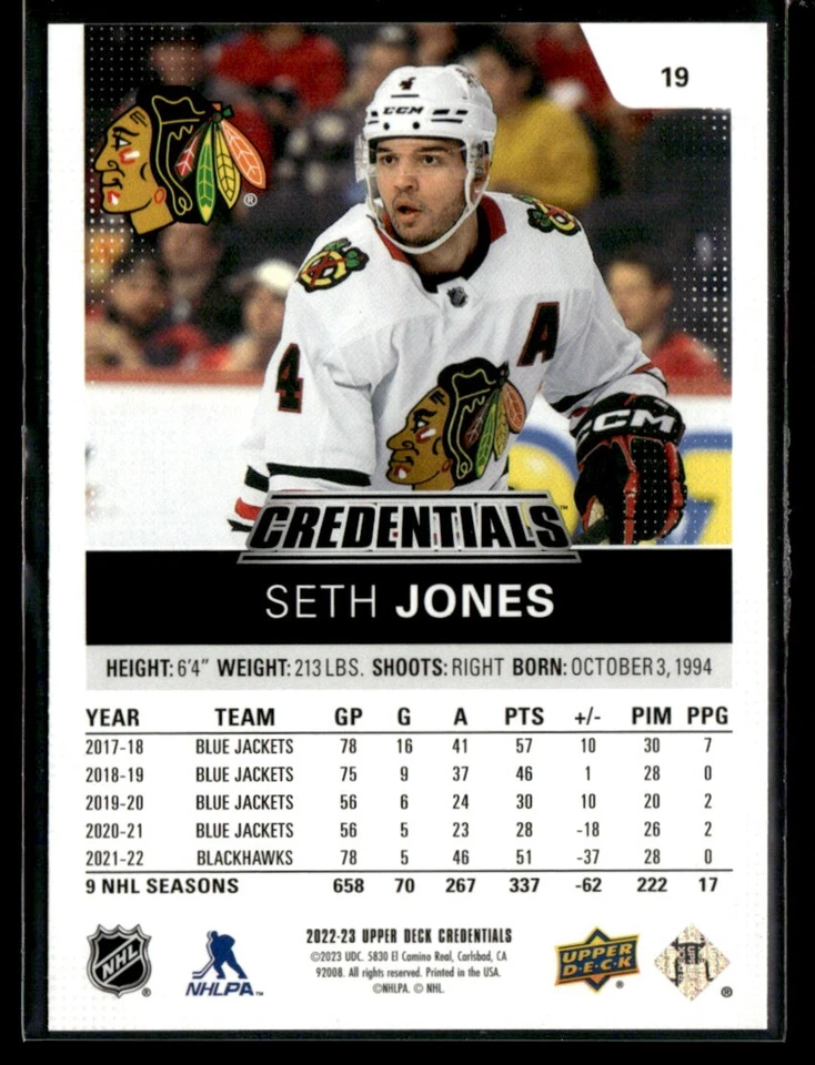 2022-23 Upper Deck Credentials Seth Jones #19 - Image 2 of 2