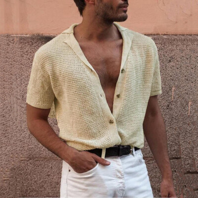 Herren Hemd Einfarbig Strick Cardigan Kurzarm V-Ausschnitt Button Down Weich Strand