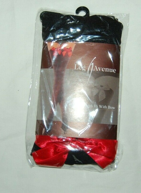 Leg Avenue Black Opaque Thigh High With Red Bows One Size BNIP