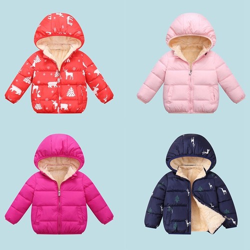 Kids Girls Boys Jackets Lightweight Hooded Plus Velvet Warm Cotton Padded Jacket