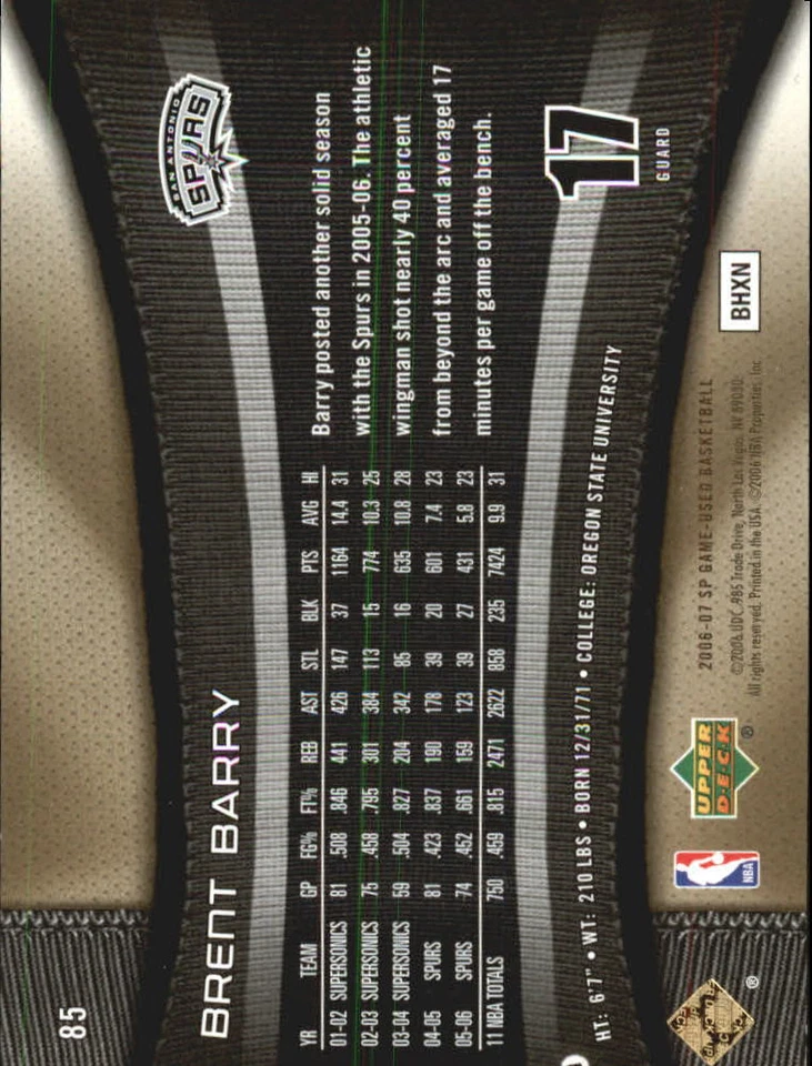 2006-07 SP Game Used Gold #85 Brent Barry /100 - NM-MT - Image 2 of 2