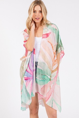 Do Everything in Love Women's Watercolor Leaves Print Summer Kimono Cover up - Picture 7 of 11