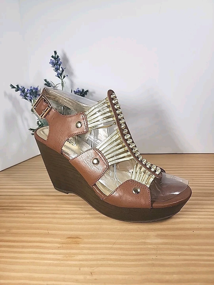 Candies Vivian Cognac Gold Strappy Wedge Shoes NEW