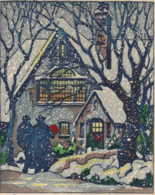C1920s Hand Color Christmas New Year's Guests Arrive Home in Snow Greeting Card