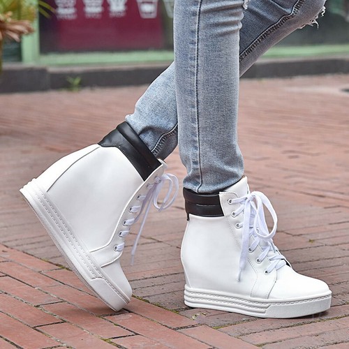 Mujeres Tacón De Cuña Oculta Con Cordones Tenis Botas al Tobillo Zapatos  Casual alta Top 34-43 | eBay