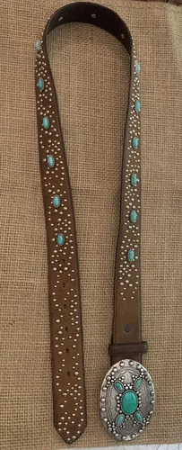 Justin Turquoise Silver Leather Belt W/Removable Buckle C20609 sz 38