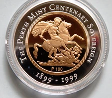 Australia. 1999 Gold Sovereign - Centenary of Perth Mint. Proof in Timber Case..