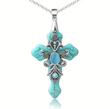 Native Indian Cross Pendant Necklace with reconstructed Turquoise and 23" Chain