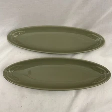 Longaberger Pottery 12” x 3” Long Oval Tray Sage Green Set of 2 Relish Appetizer