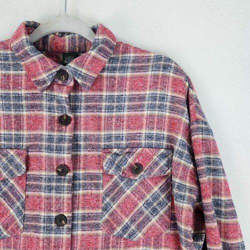 Wild Fable Jacket Shirt Womens Medium Pink Blue Shacket Oversized Plaid Cotton - Picture 2 of 10