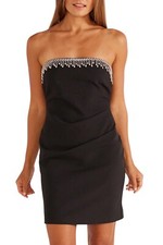 MinkPink Krystal Ruched Black Mini Dress Embellished Strapless NWT Size M